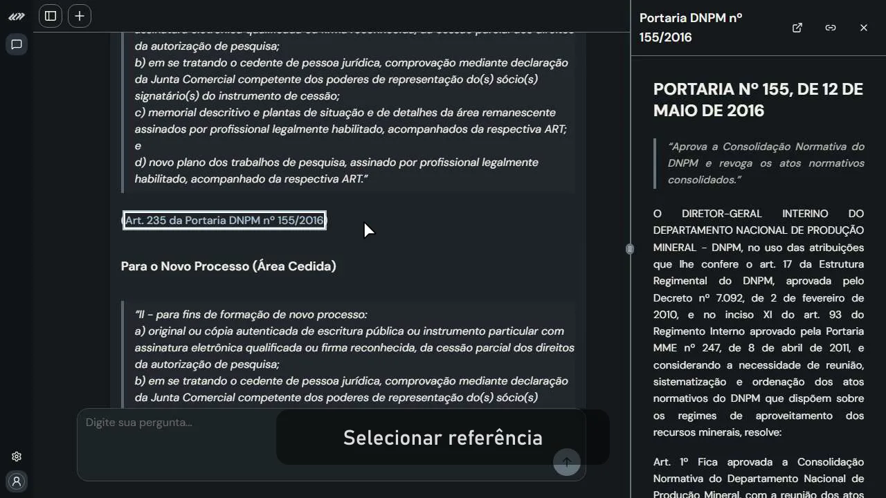 Interface do Dr. Mining com resposta e referência normativa
